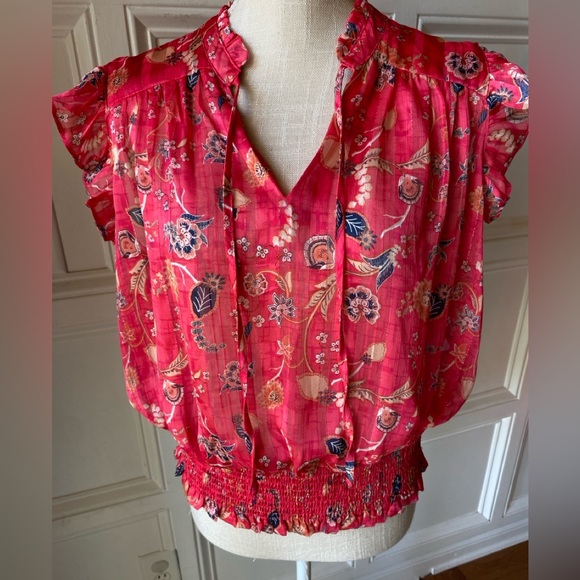 Rachel Zoe Tops - RACHEL ZOE HOT PINK FLORAL SPARKLE BLOUSE LARGE